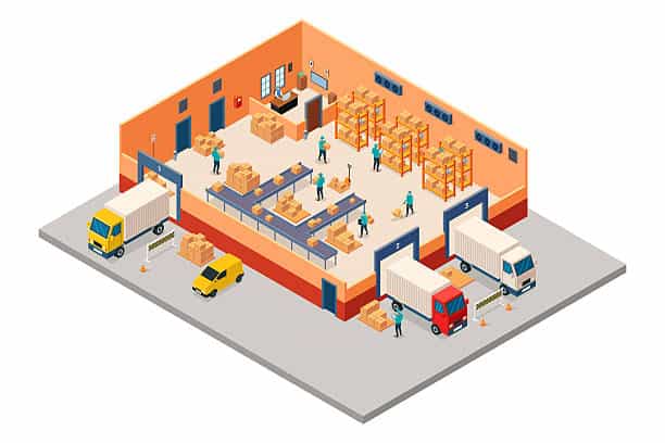 a vector illustration of isometric of shipping and distribution center