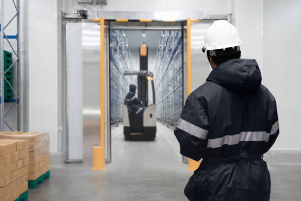 staff worker control in freezing room or warehouse